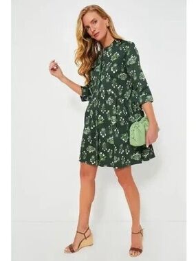 TUCKERNUCK Green Viridian Stamped Bouquets Royal Shirt Dress Cotton